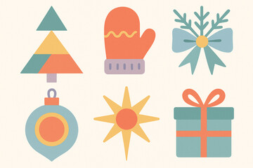 Stylized Christmas icon set featuring tree, mitten, ornament, gift, bow, and starburst. Flat design with pastel tones in red, green, blue, and orange. Ideal for holiday-themed creative projects.