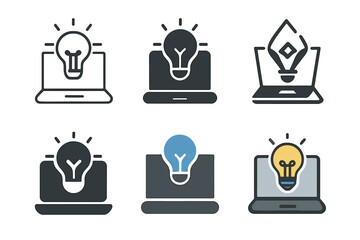 Tech Logo Variations. Learning new technologies. Icon set. Set Logo of Learning new technologies: open laptop with digital light bulb. harmonious