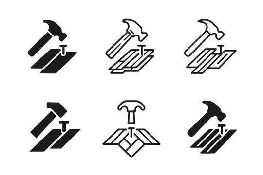 Wooden Floor Logos. Laying down wooden floorboards. Icon set. Set Logo of laying down wooden floorboards: staggered plank pattern. harmonious logo variations