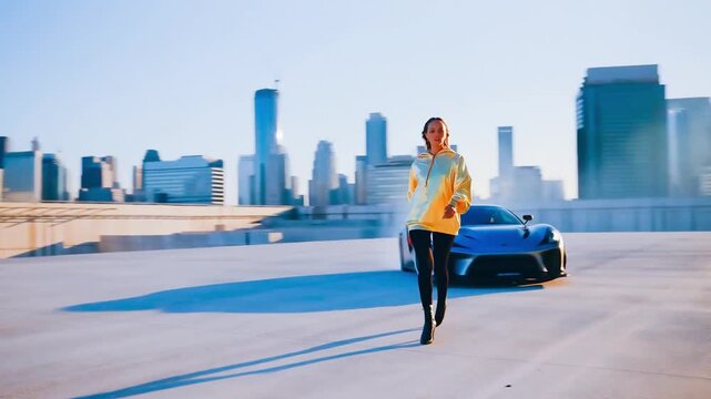couple rooftop travel leader model woman walking power urban tower cityscape drift phonk drifting car