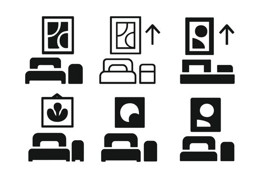 Stylish Bedroom Upgrades Icons. Upgrading your bedroom with stylish decor. Icon set. Set Logo of upgrading your bedroom with stylish decor: decorative wall