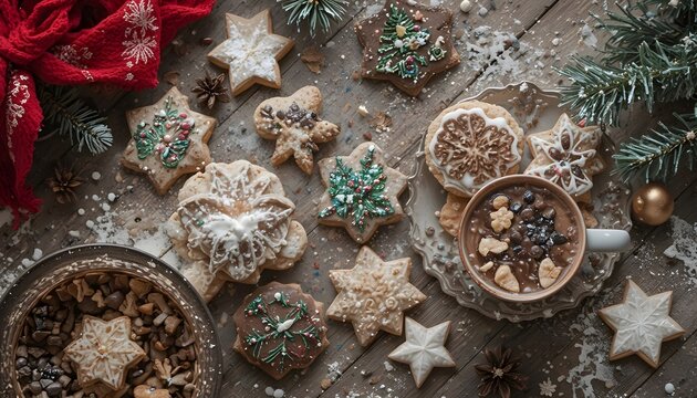 Festive christmas cookies and hot chocolate on a rustic wooden surface - Powered by Adobe