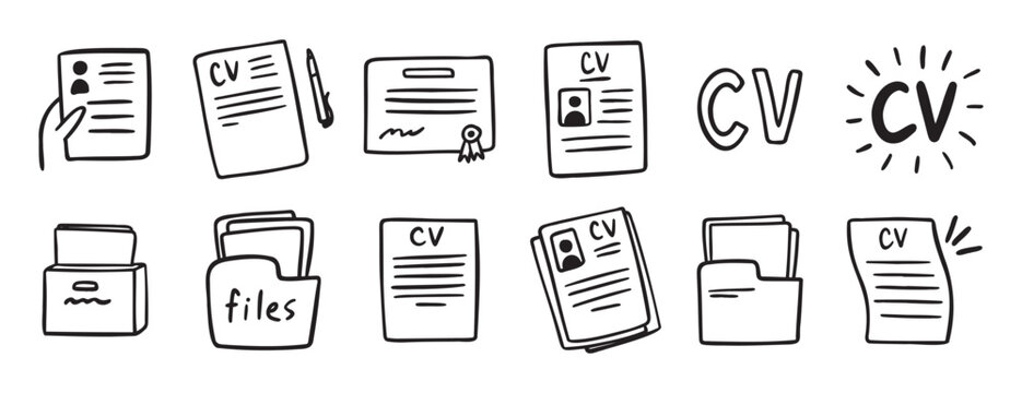 cv and resume and self presentation related doodle hand drawn icon set. Outline drawing cv line clipart symbol collection