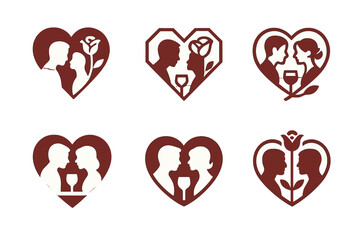 Romantic Logo Variations. Anniversaries and milestone moments in relationships. Icon set. Set Logo of romantic moment: champagne glasses clinking. harmonious