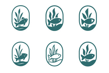 Aquatic Balance Icons. Freshwater lakes with crystal-clear water. Icon set. Set Logo of aquatic balance: fish swimming around reeds. harmonious logo variations