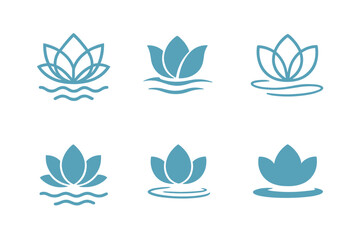 Eco Serenity Logos. Freshwater lakes with crystal-clear water. Icon set. Set Logo of eco serenity: lotus floating on still water. harmonious logo variations of