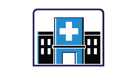 Vector illustration of a hospital building with icons and medical tools, presented in a blue and white color scheme on a white background. Perfect for healthcare presentations, medical