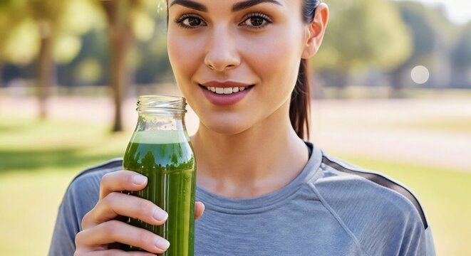 A radiant athletic woman, smiles contentedly while holding a refreshing green juice in a sun-drenched park. - Powered by Adobe