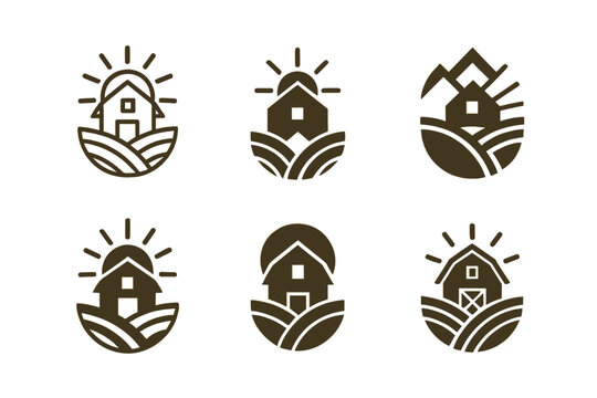 Farmhouse Logo Variations. Family farm life and traditional agricultural practices. Icon set. Set Logo of farmhouse: barn with sunrise behind. harmonious logo