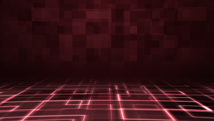 Red Digital Grid Stage with Glowing Lines and Dark Background