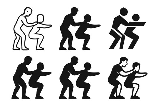 Fitness Logo Variations. A personal trainer demonstrating a workout move for a client. Icon set. Set Logo of fitness training: trainer guiding client posture. - Powered by Adobe