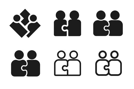 Collaborative Logo Variations. Teamwork in motion. Icon set. Set Logo of collaboration tools: connected puzzle pieces. harmonious logo variations of the same
