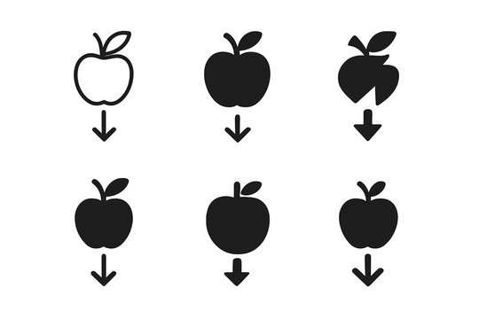 Gravity Icon Variations. The concept of gravity. Icon set. Set Logo of gravity: falling apple. harmonious logo variations of the same emblematic concept, each