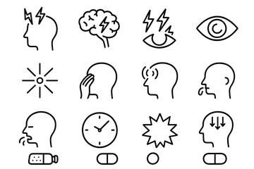 Fototapeta na wymiar Migraine Icons Grid. Migraine icons. Line icon set of Migraine icons: head with pain, brain, lightning bolt, eye, headache symbol, hand on temple, pulsating