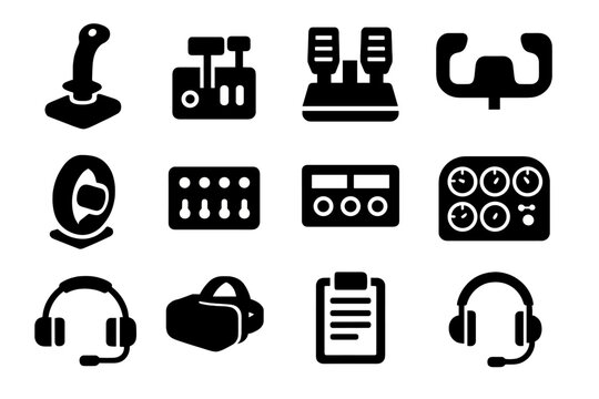 Flight Simulator Icons. Flight Sim Gear. Solid icon set of Flight Sim Gear: joystick, throttle quadrant, rudder pedals, yoke, trim wheel, switch panel, radio