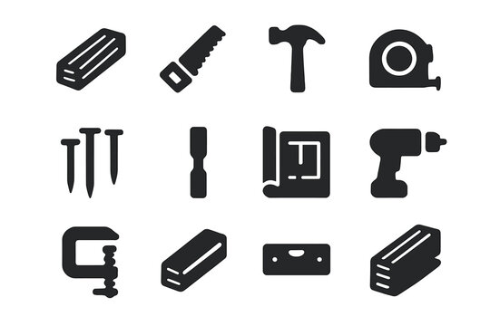 Woodworking Tools Icons. Wood framing. Solid icon set of wood framing: lumber, saw, hammer, measuring tape, nails, chisel, blueprint, drill, clamp, plank,