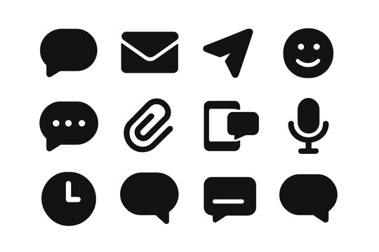 Messaging Icons Set. Messaging icons. Solid icon set of Messaging icons: chat bubble, message box, send icon, emoji, typing dots, attachment clip, phone