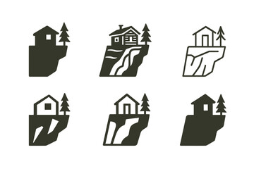 Eco-Lodge Icon Set. Themed eco-lodges and off-grid retreats. Icon set. Set Logo of themed eco-lodges and off-grid retreats: cliffside retreat cabin. harmonious