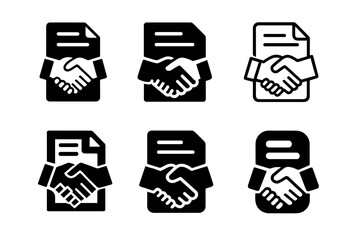 Trust Agreement Icons. Bonds and securities. Icon set. Set Logo of trust agreement: handshake over document. harmonious logo variations of the same emblematic