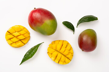 Flat lay with mango on color background, top view