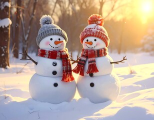 Obraz premium Delightful Duo: Two Cheerful Snowmen Bask in the Winter Sunlight Creating a Festive Scene