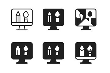 Digital Creation Icons. Digital content creation services. Icon set. Set Logo of Digital content creation services: computer with creative tools. harmonious