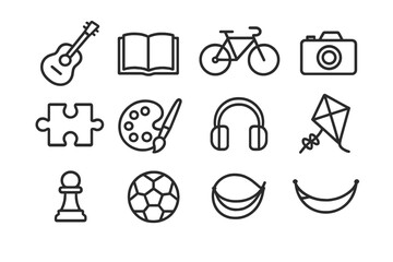 Leisure Icons Grid. Leisure activities. Line icon set of leisure activities: guitar, book, bicycle, camera, puzzle piece, art palette, paintbrush, headphones,