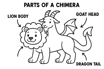 Obraz premium Chimera Coloring Book. Parts of a chimera children?s coloring book illustration, outlined drawing, three labeled sections showing lion body, goat head, and