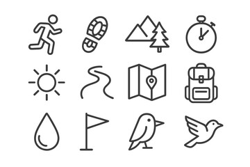 Trail Running Icons. Trail running. Solid icon set of Trail running: mountain path, forest tree, runner, rocks, slope, compass, hydration pack,