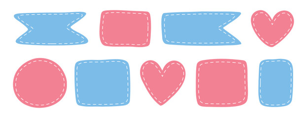 patches different shapes with dotted line set. Cute pastel templates, place for text or photo frames. Girl and boy birth frame. Decorative vector elements. Blue and pink dotted patches.