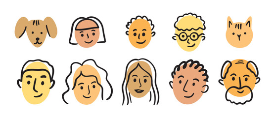 Fototapeta premium Family face portrait doodle avatar set. hand drawn woman, man, boy, girl, teenager face head portrait, grandmother grandfather. old and young people