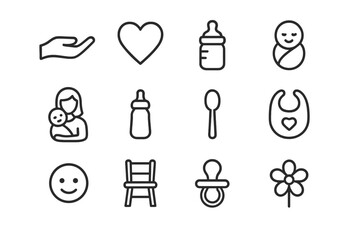 Caregiving Icons Set. Caregiving Moments. Line icon set of Caregiving Moments: hand, heart, baby, mother, bottle, spoon, bib, smile, chair, pacifier, milk