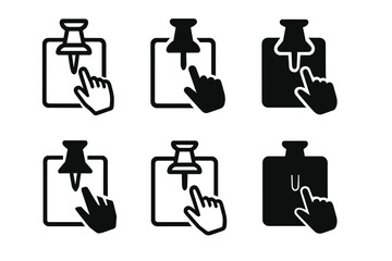 Diverse Logo Grid. Pinned post design. Icon set. Set Logo of digital focus: cursor clicking on pinned post. harmonious logo variations of the same emblematic