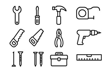 Obraz premium DIY Tool Icon Set. DIY tools. Line icon set of DIY tools: hammer, screwdriver, wrench, pliers, saw, drill, tape measure, nails, bolts, level, utility knife,