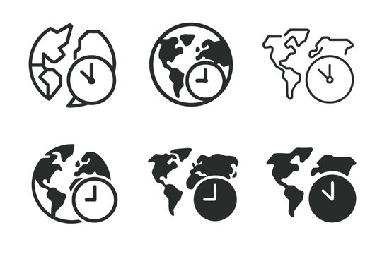 Time Zone Icons. Time zone awareness tools. Icon set. Set Logo of Time zone awareness tools: Calendar with global time. harmonious logo variations of the same