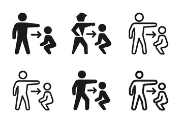 Fitness Logo Variations. A personal trainer demonstrating a workout move for a client. Icon set. Set Logo of fitness training: trainer guiding client posture.