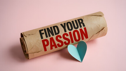 Find your passion text on rolled brown paper scroll, blue paper heart, pink background, motivational quote concept, for career, love, hobby, inspiration, success.
