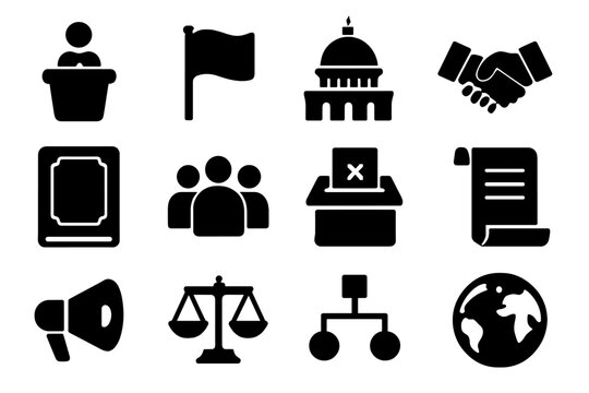 Political Icons Set. Political leadership. Solid icon set of Political leadership: leader podium, crowd, election vote, flag bearer, handshake, microphone,