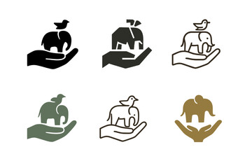 Ethical Travel Icons. Socially responsible travel. Icon set. Set Logo of socially responsible travel: ethical wildlife tourism. harmonious logo variations of