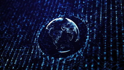 Global data network with blue glowing numbers and connecting lines perfect for technology presentations broadcast and finance 3d render