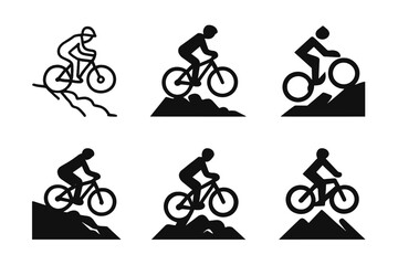 Naklejka premium Mountain Biking Logos. Mountain biking down a rocky trail. Icon set. Set Logo of mountain biking: cyclist on mountain slope. harmonious logo variations of the