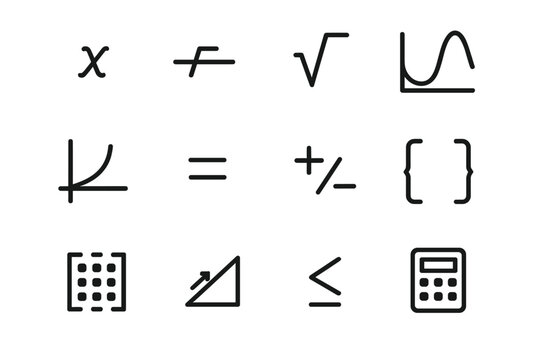 Algebra Icon Set. Algebra formulas. Line icon set of algebra formulas: variable x, equation line, square root, polynomial curve, function graph, equals sign,