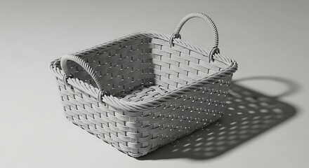 Monochrome woven basket with handles casting intricate shadowed pattern