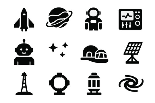 Future Space Icons. Future space travel. Solid icon set of Future space travel: spaceship, planet, astronaut, control console, AI robot, starfield, moon base,