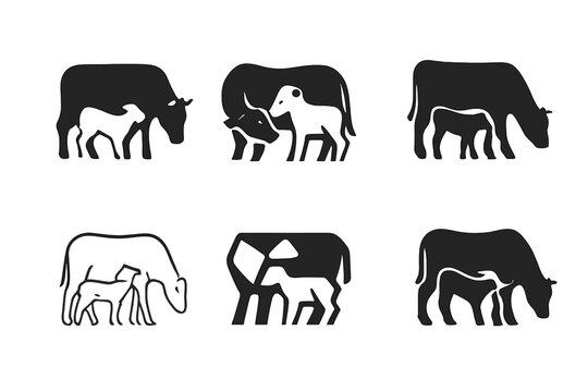 Farm Life Icons. Family farm life and traditional agricultural practices. Icon set. Set Logo of livestock care: cow and calf silhouettes. harmonious logo