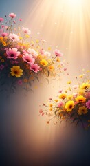 Radiant floral display, pink and yellow wildflowers in sunlit mistscape