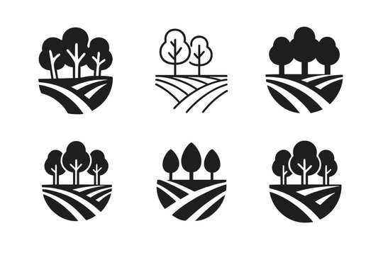 Agriculture Climate Logos. Agriculture and climate change. Icon set. Set Logo of agriculture and climate change: windbreak tree row shielding a