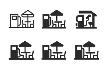 Rest Stop Icons. Rest stop amenities. Solid icon set of Rest stop amenities: restroom, coffee cup, picnic table, vending machine, map, road sign, car, truck,