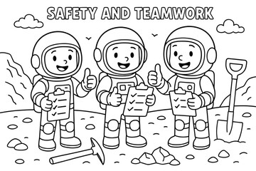 Space Mining Adventure. Safety and teamwork in space mining children?s coloring book illustration, outlined drawing, team of astronauts giving thumbs-up