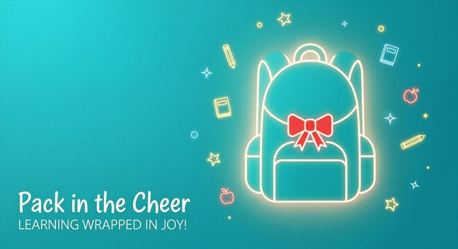 Glowing neon illustration of school backpack with festive red bow. Back to school supplies and learning icons on teal background. Holiday promotion for education and learning with copy space.